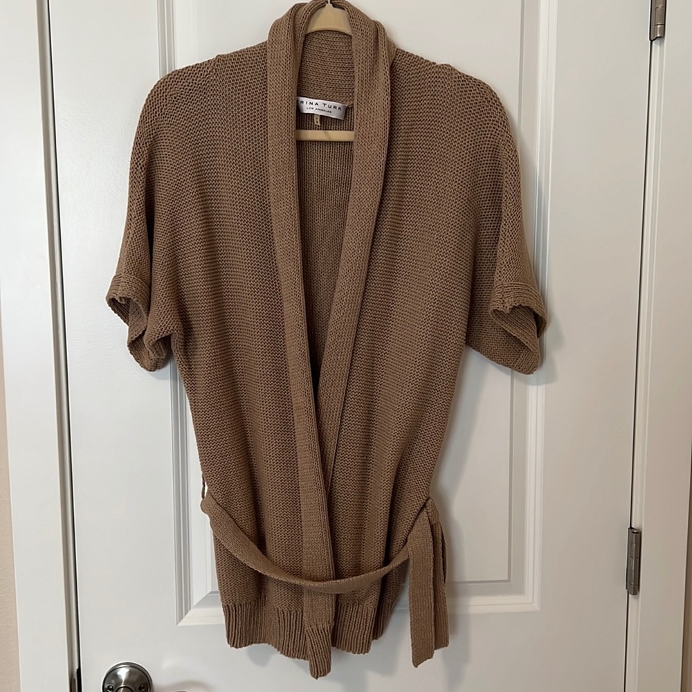 Trina Turk knitted metallic thread short sleeve belted sweater jacket
